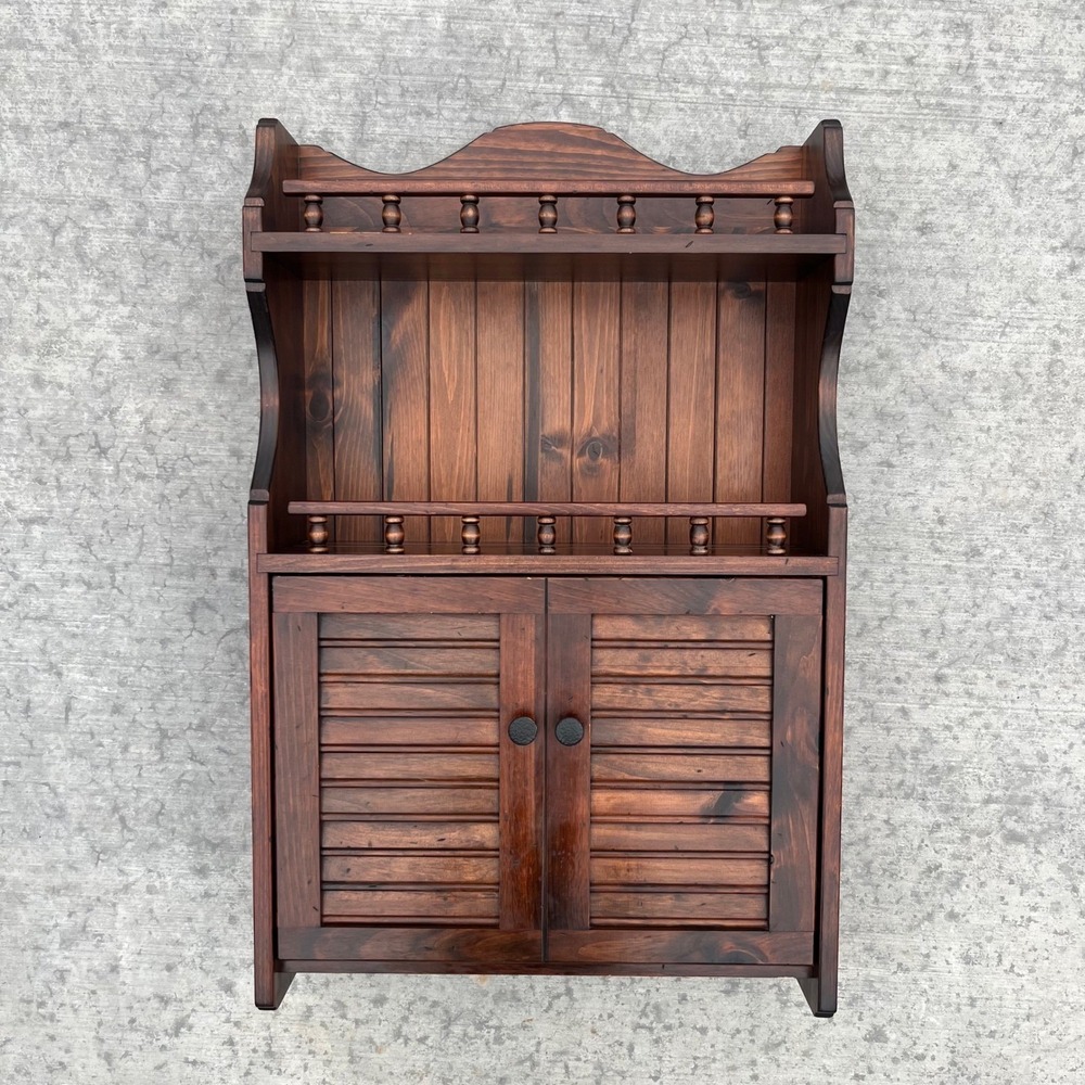 Vintage Dark Wood Wall Hanging Cabinet Spice Rack Louvered Doors Spindle Rail